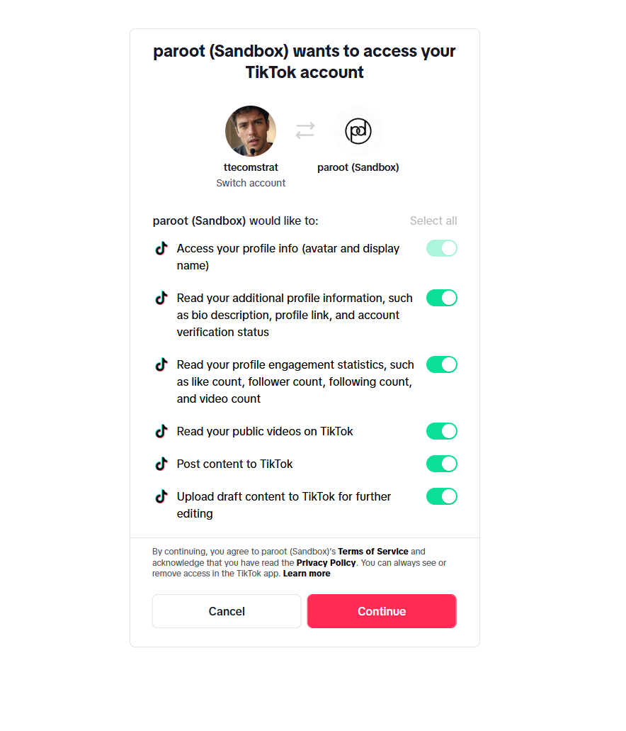 TikTok's official authorisation screen, listing the permissions Paroot requests for the connected account.